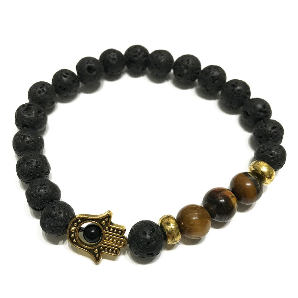 Hamsa Tiger-eye Lava Stone Bracelet