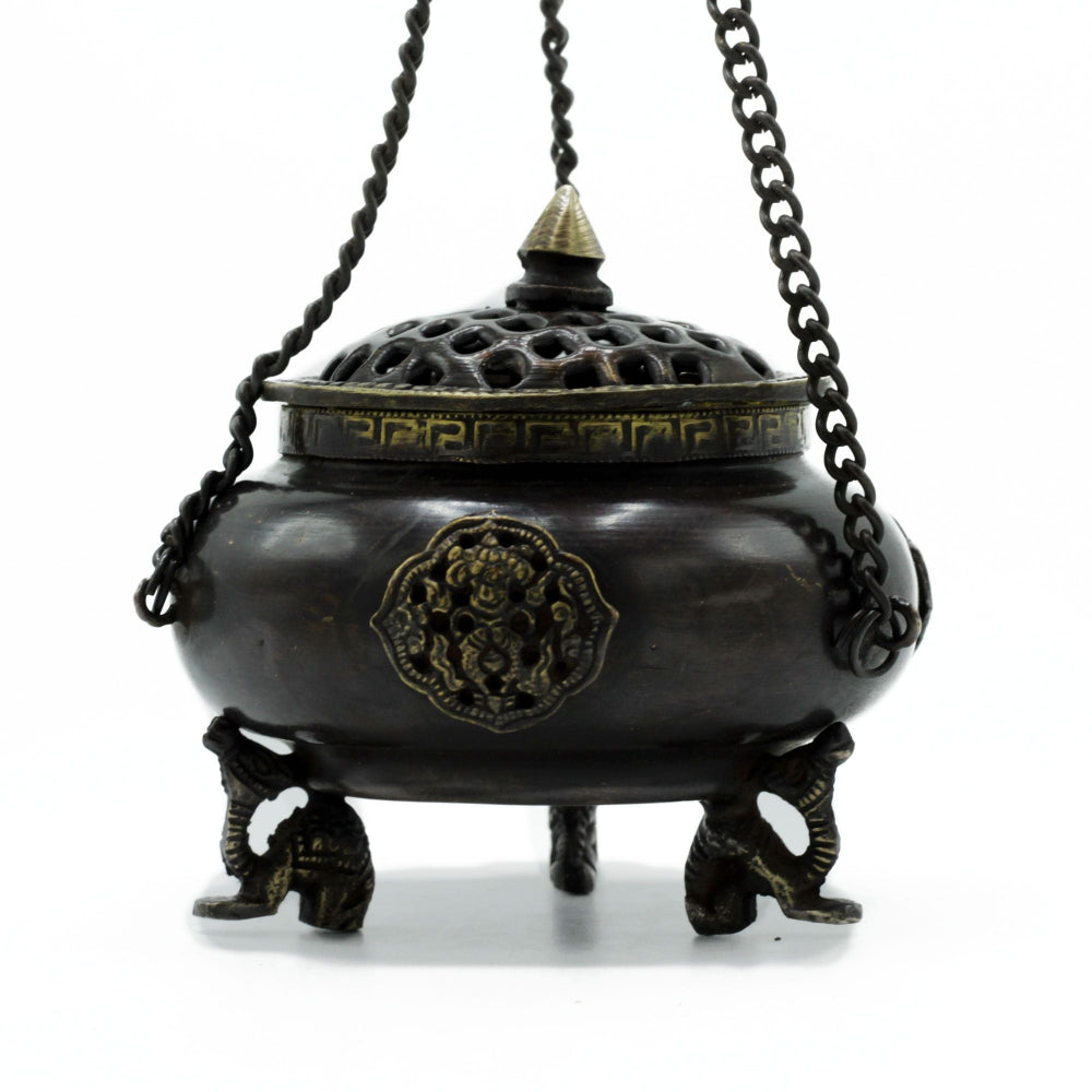 Four Symbol Hanging Pot - Large Brass Tibetan Incense Burner