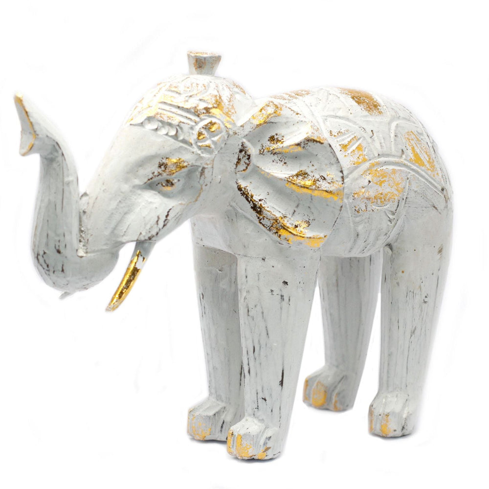 White Gold Wood Carved Elephant