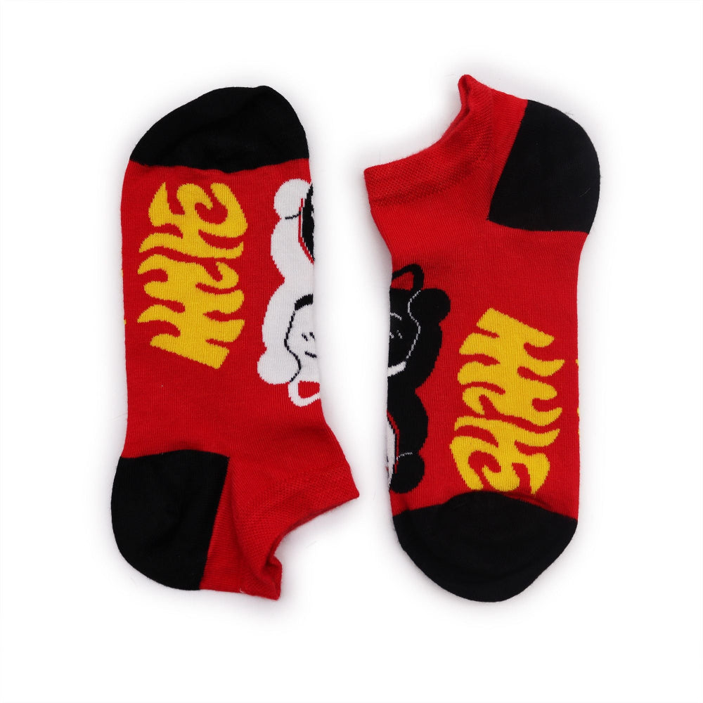 Red socks with black accents and yellow text on a white background