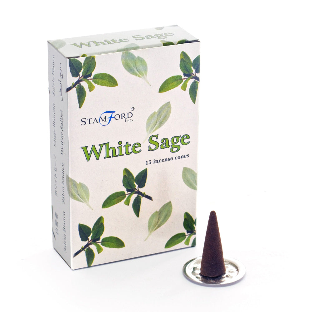 Stamford White Sage incense cone packaging on a white background