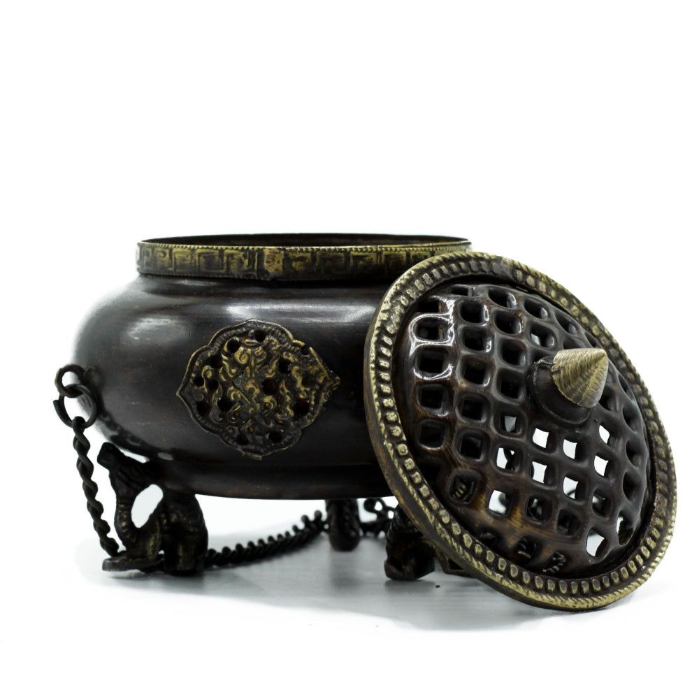 Four Symbol Hanging Pot - Large Brass Tibetan Incense Burner