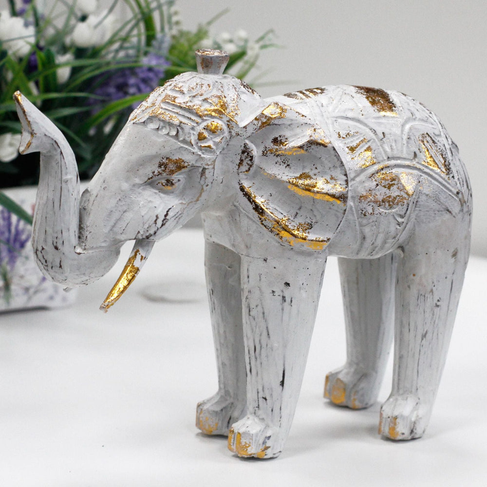 White Gold Wood Carved Elephant