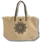 Flower of Life Natural Tote Bag Leather Handle