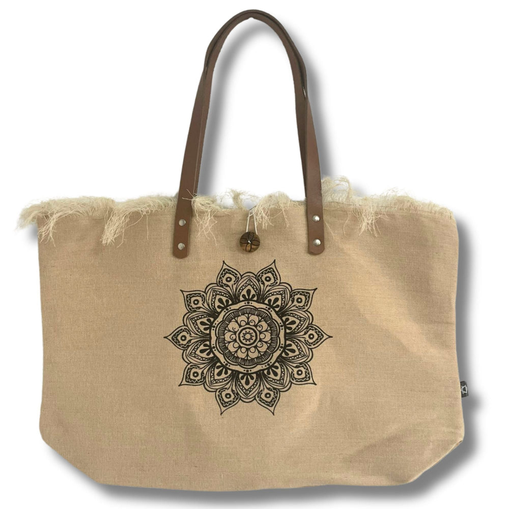 Flower of Life Natural Tote Bag Leather Handle