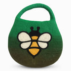 Green bag with a bee design on a white background