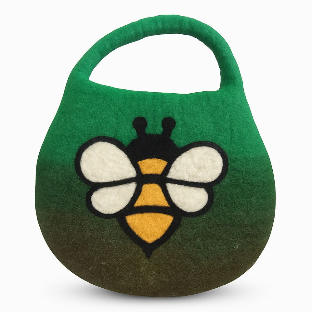 Green bag with a bee design on a white background
