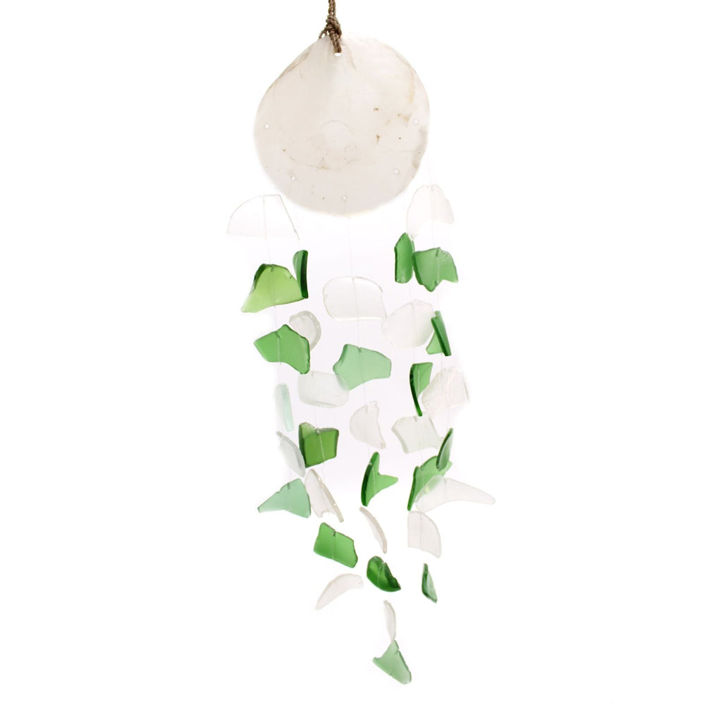 Decorative hanging ball with green and white leaf-like attachments on a white background