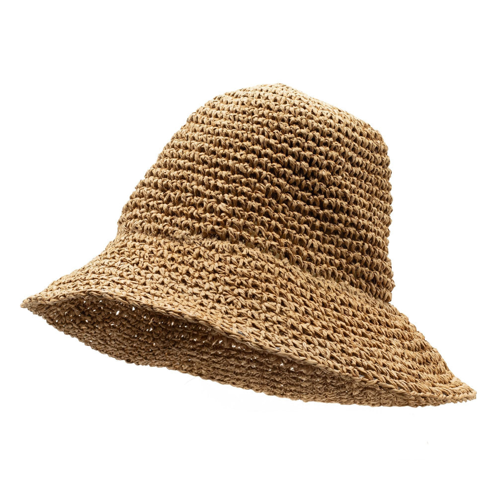 Brown woven bucket hat on a white background