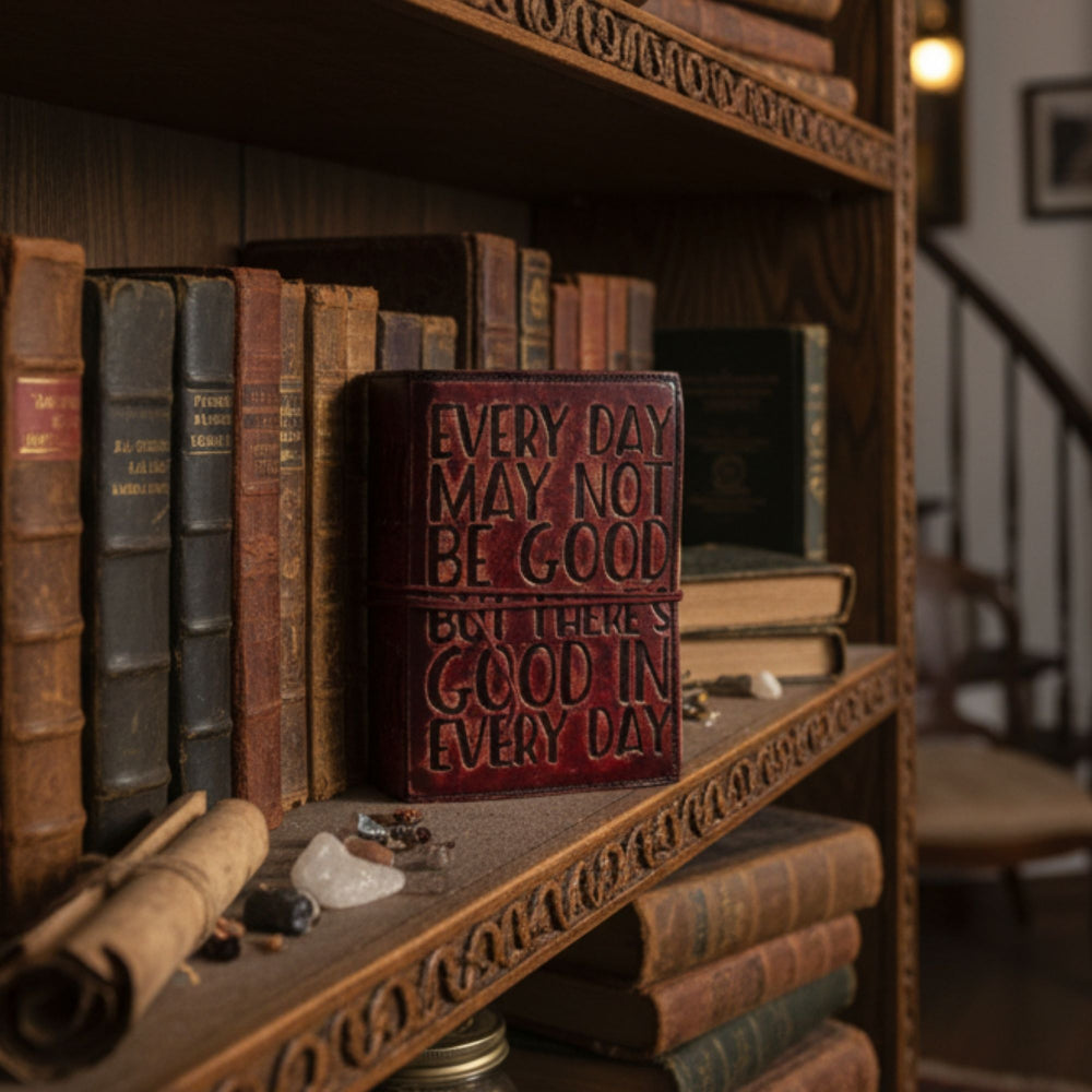 Vintage bookshelf with old books and a prominent red book with an inspirational quote.