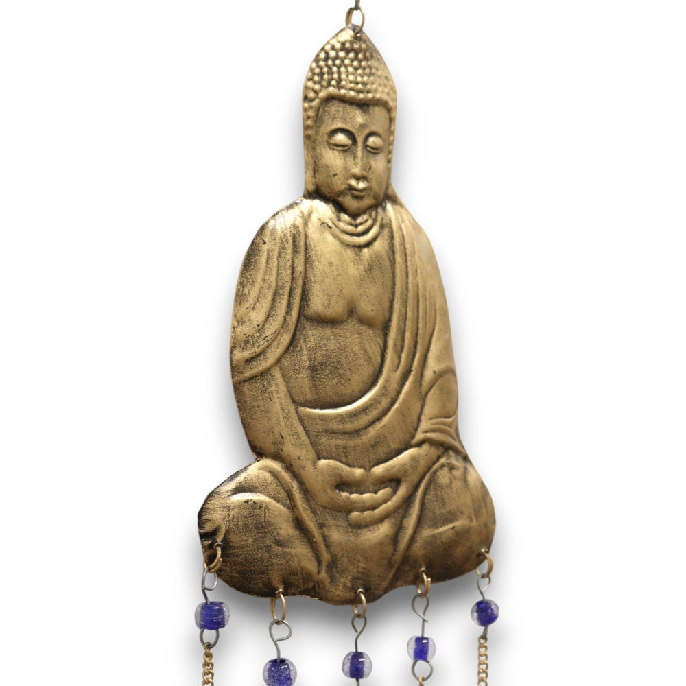 Bronze Buddha pendant with blue beads on a white background