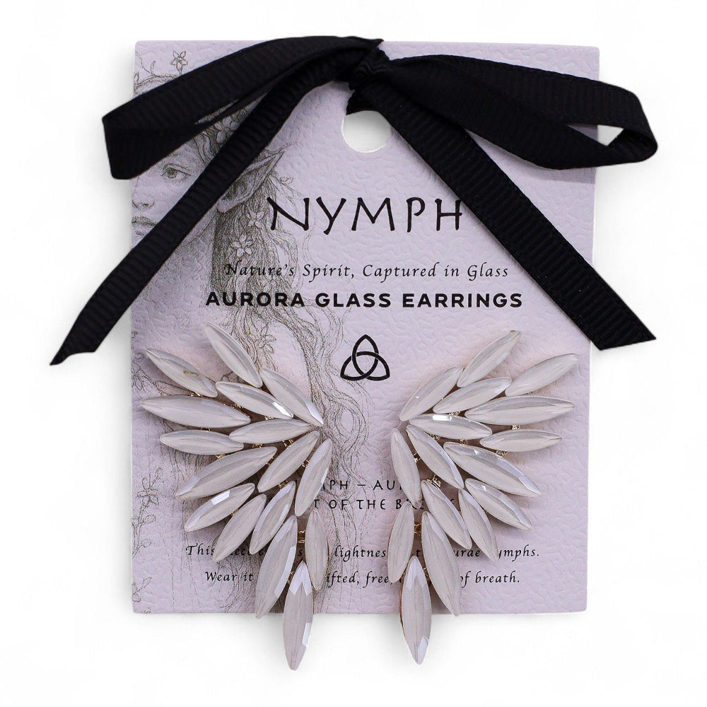 Aurora glass earrings on a Nymph branded card with a black ribbon.