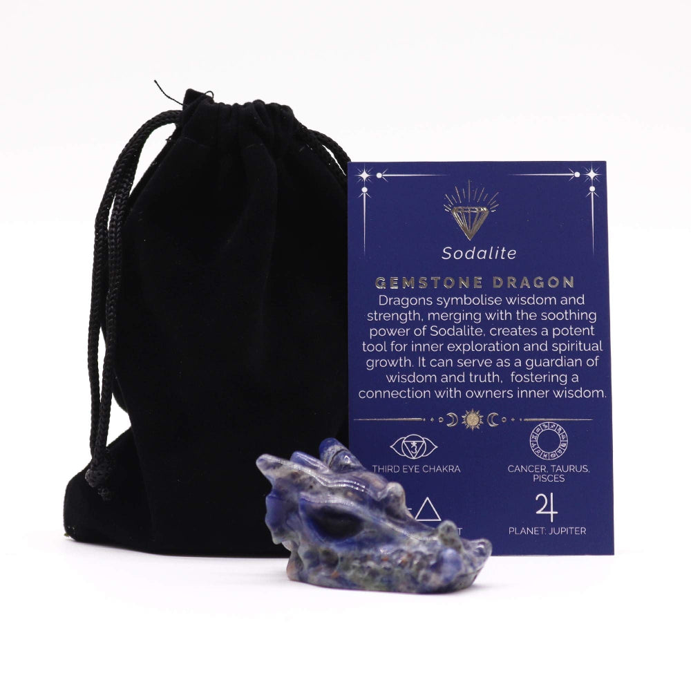 Sodalite gemstone dragon with black drawstring bag and information card on a white background