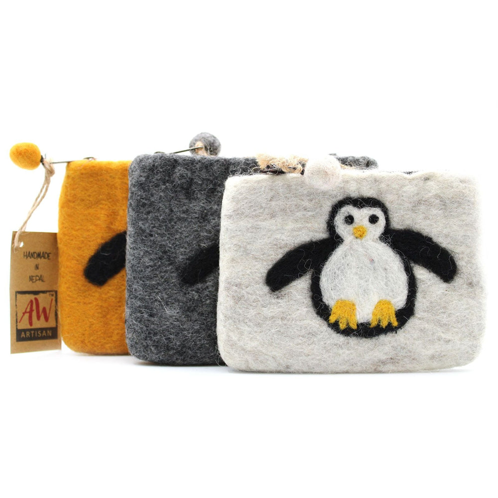 Three pouches with penguin designs on a white background