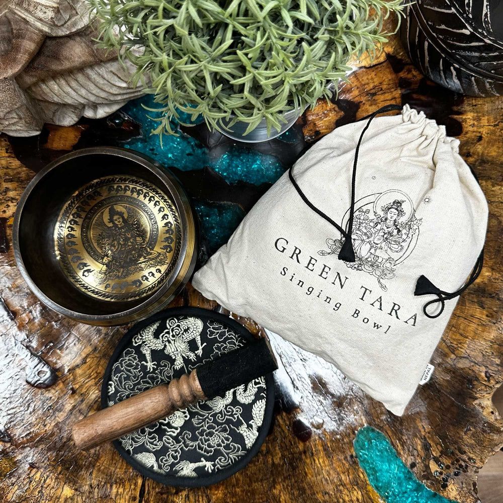 Green Tara Hand Beaten & Engraved Singing Bowl Gift Set  14cm