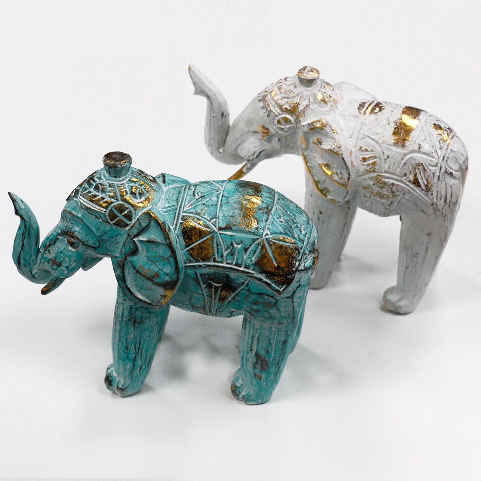 White Gold Wood Carved Elephant