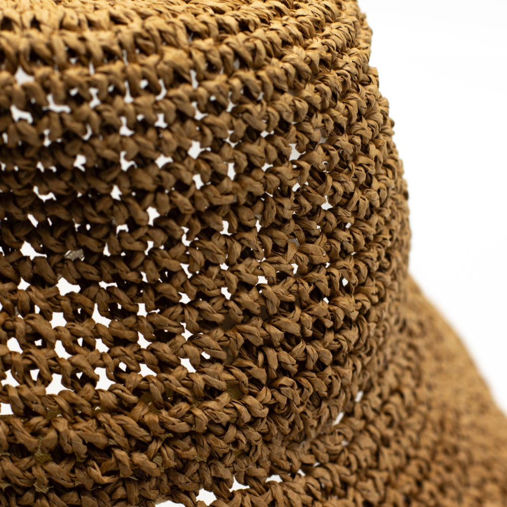 Close-up of a brown woven straw hat on a white background