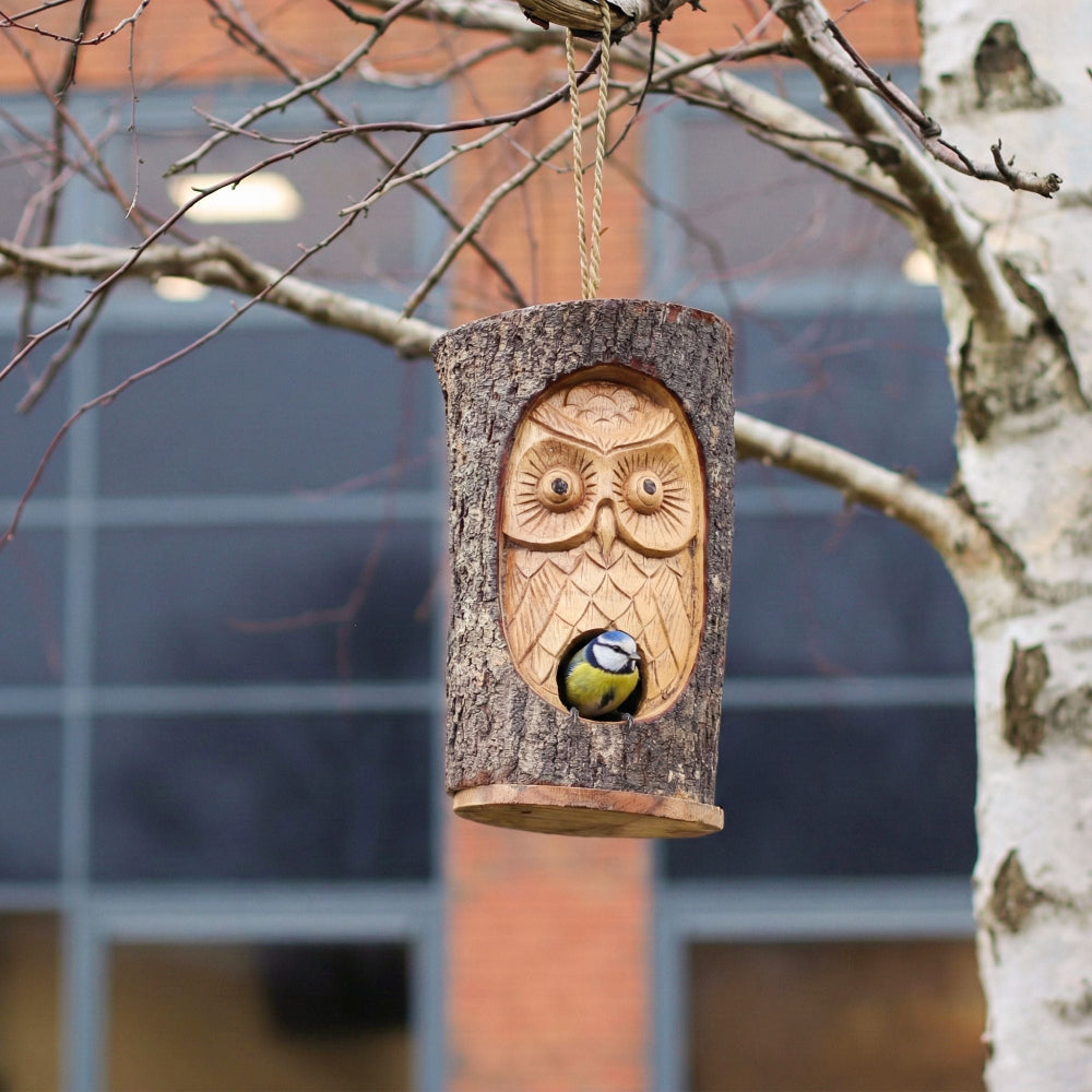 Wooden owl-shaped birdhouse hanging from a tree branch with a blurred building in the background.