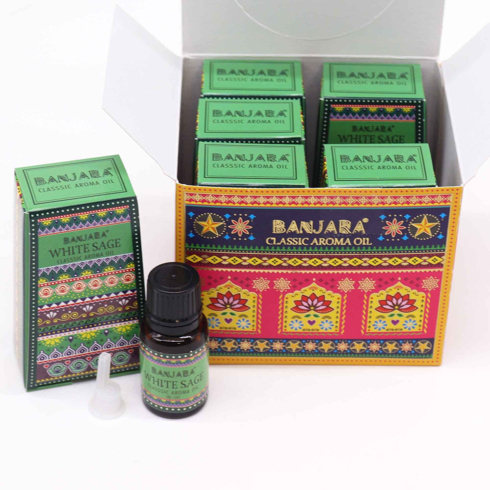 Banjara Classic Aroma Oil packaging with a bottle of White Sage oil on a white background