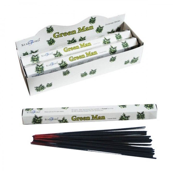 Box of Stamford Green Man incense sticks on a white background