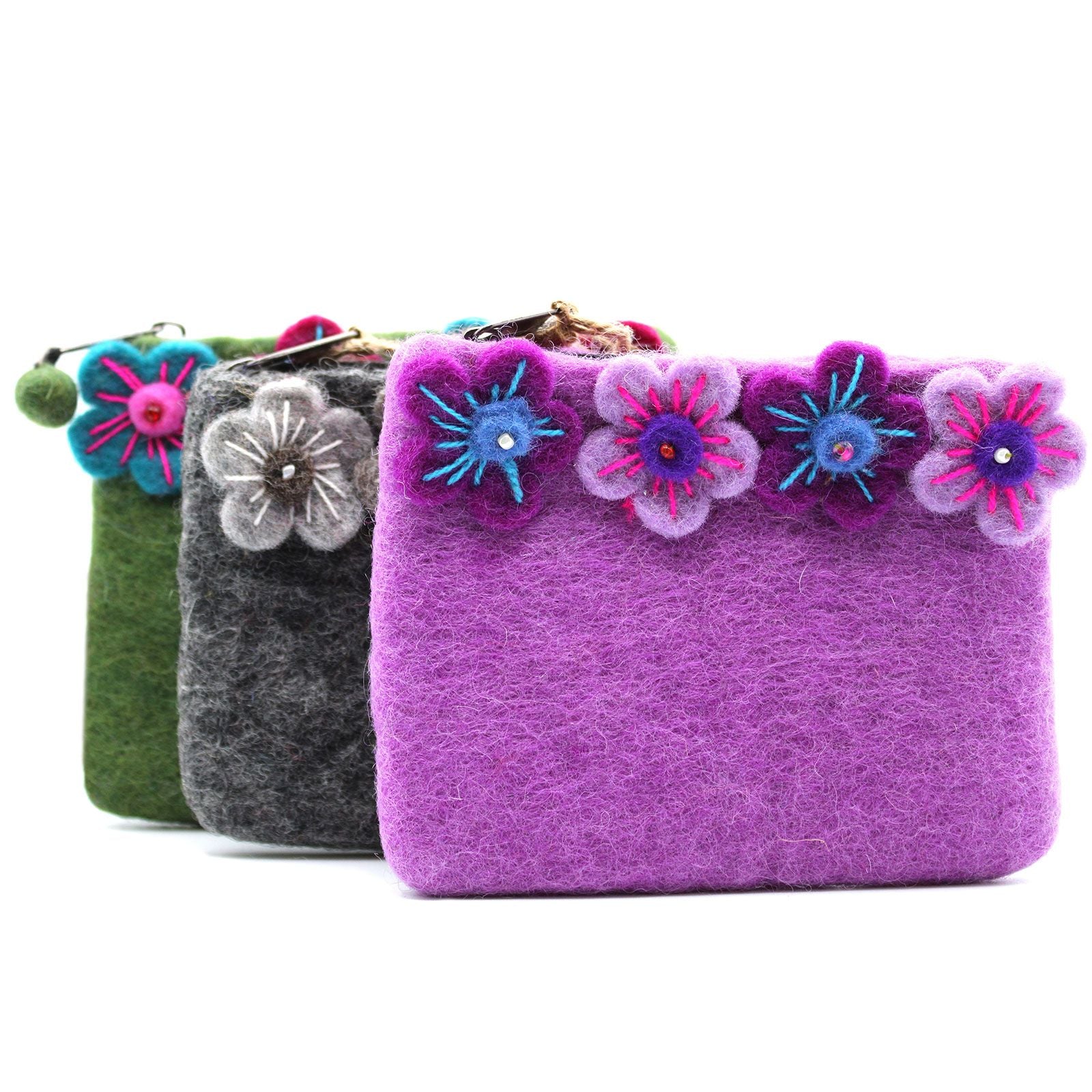 Four Flower Felt Zipper Pouch | Handmade Wool Pouch from Nepal
