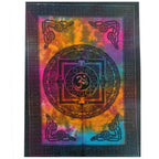 Colorful tapestry with Om symbol and Celtic designs on a tie-dye background