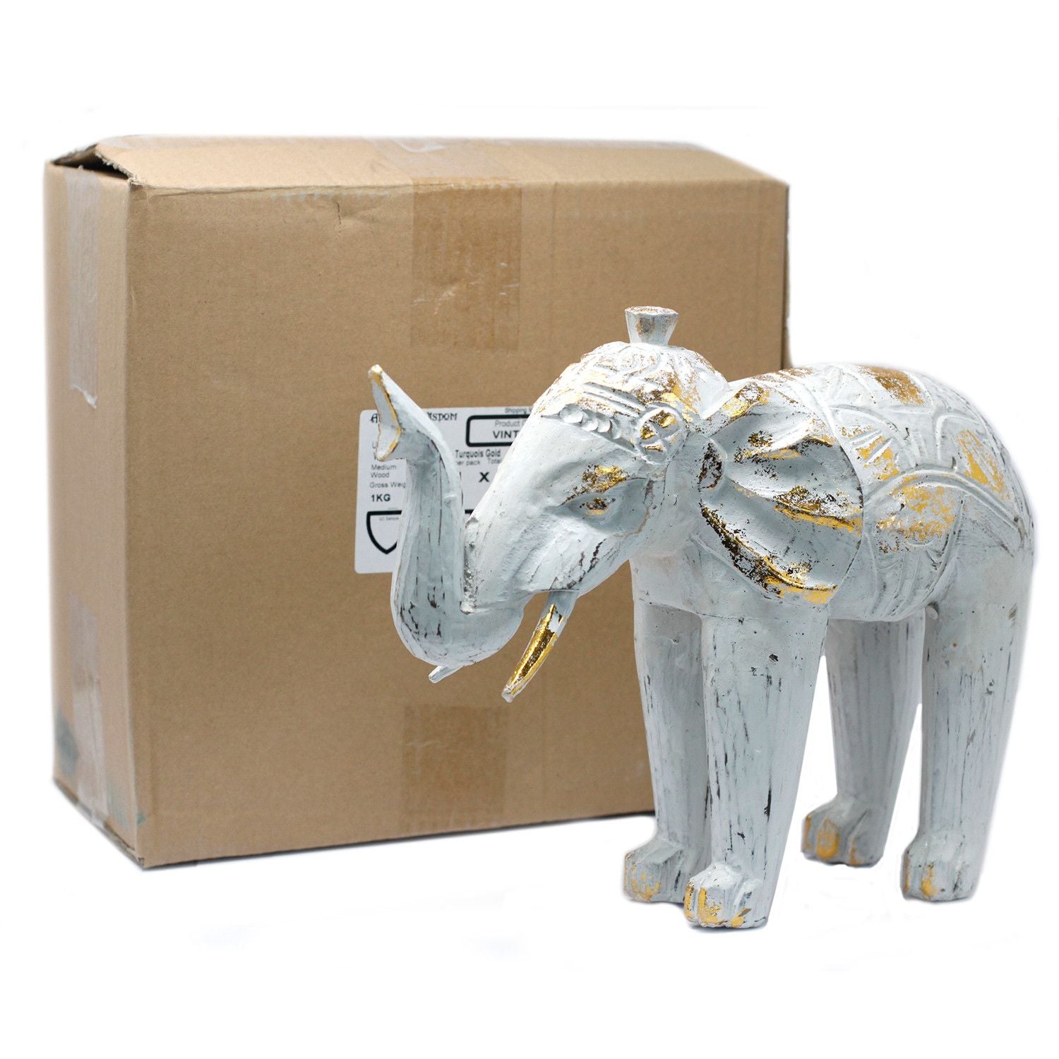 White Gold Wood Carved Elephant