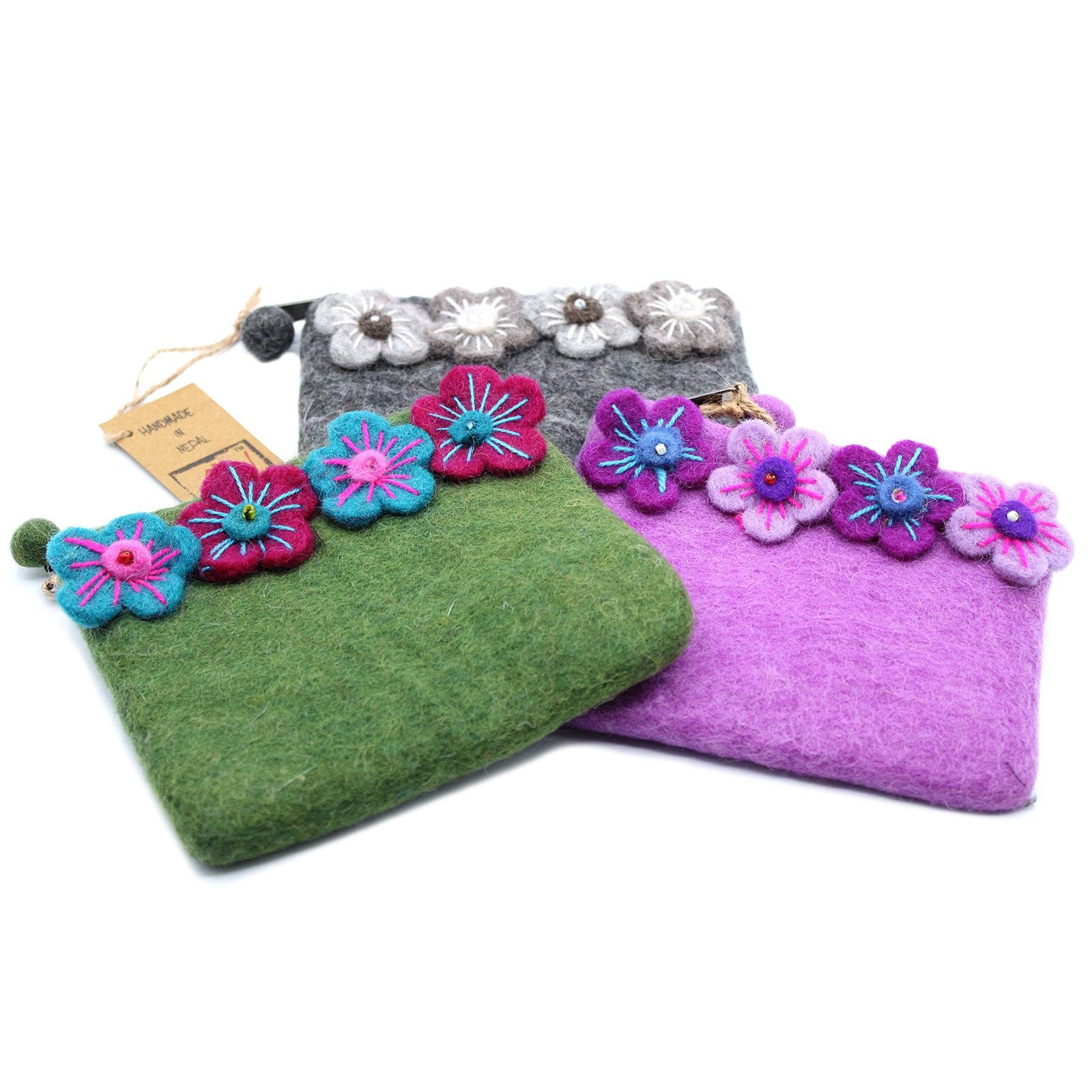 Four Flower Felt Zipper Pouch | Handmade Wool Pouch from Nepal