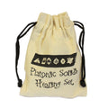 Beige drawstring bag with 'Platonic Solids Healing Set' text on a white background