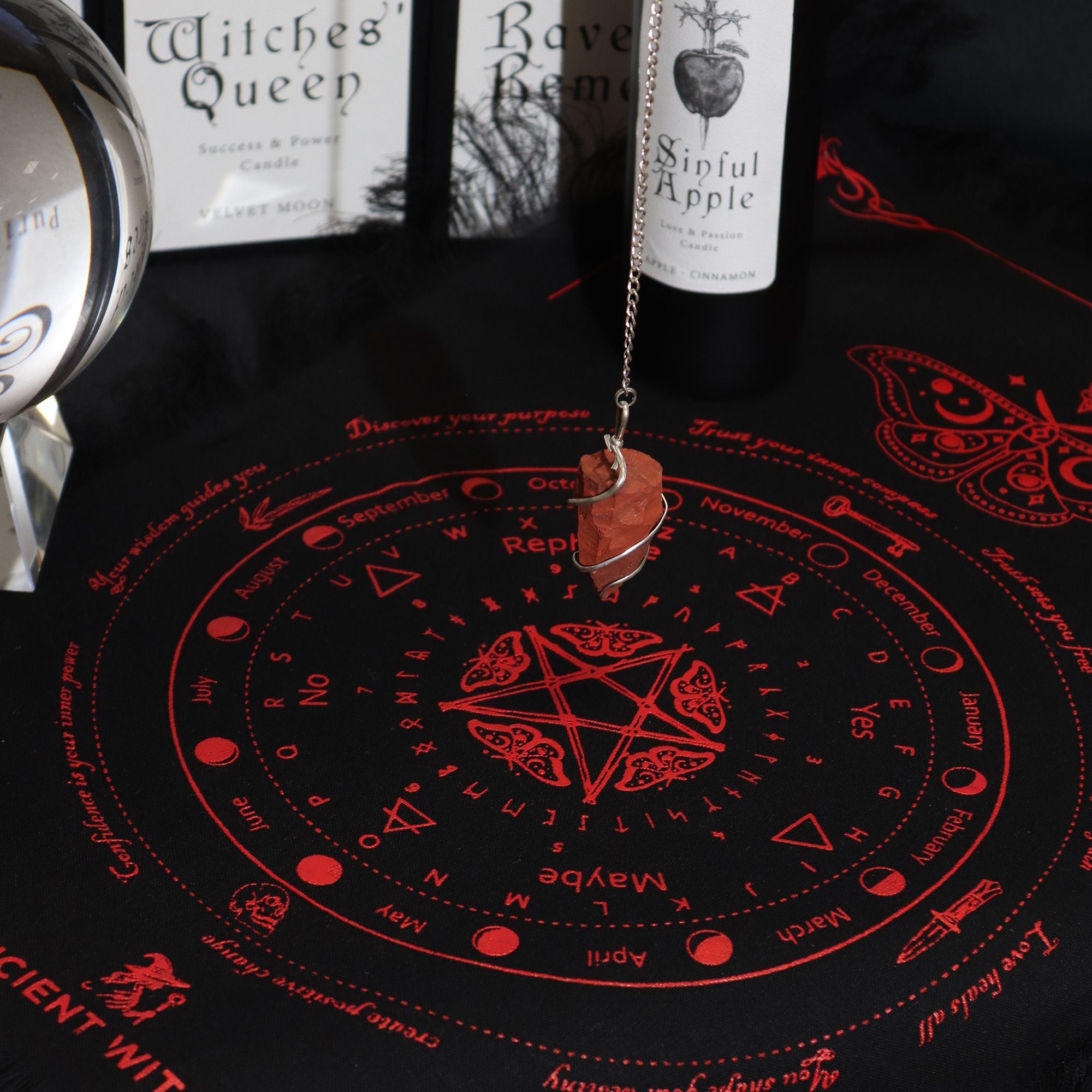 Sun Face Pendulum Divination Cloth | Black & Blood Red | Ancient Witch
