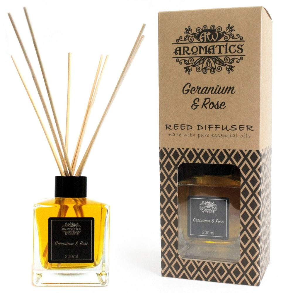 Reed diffuser with packaging labeled 'Aromatics Geranium & Rose' on a white background