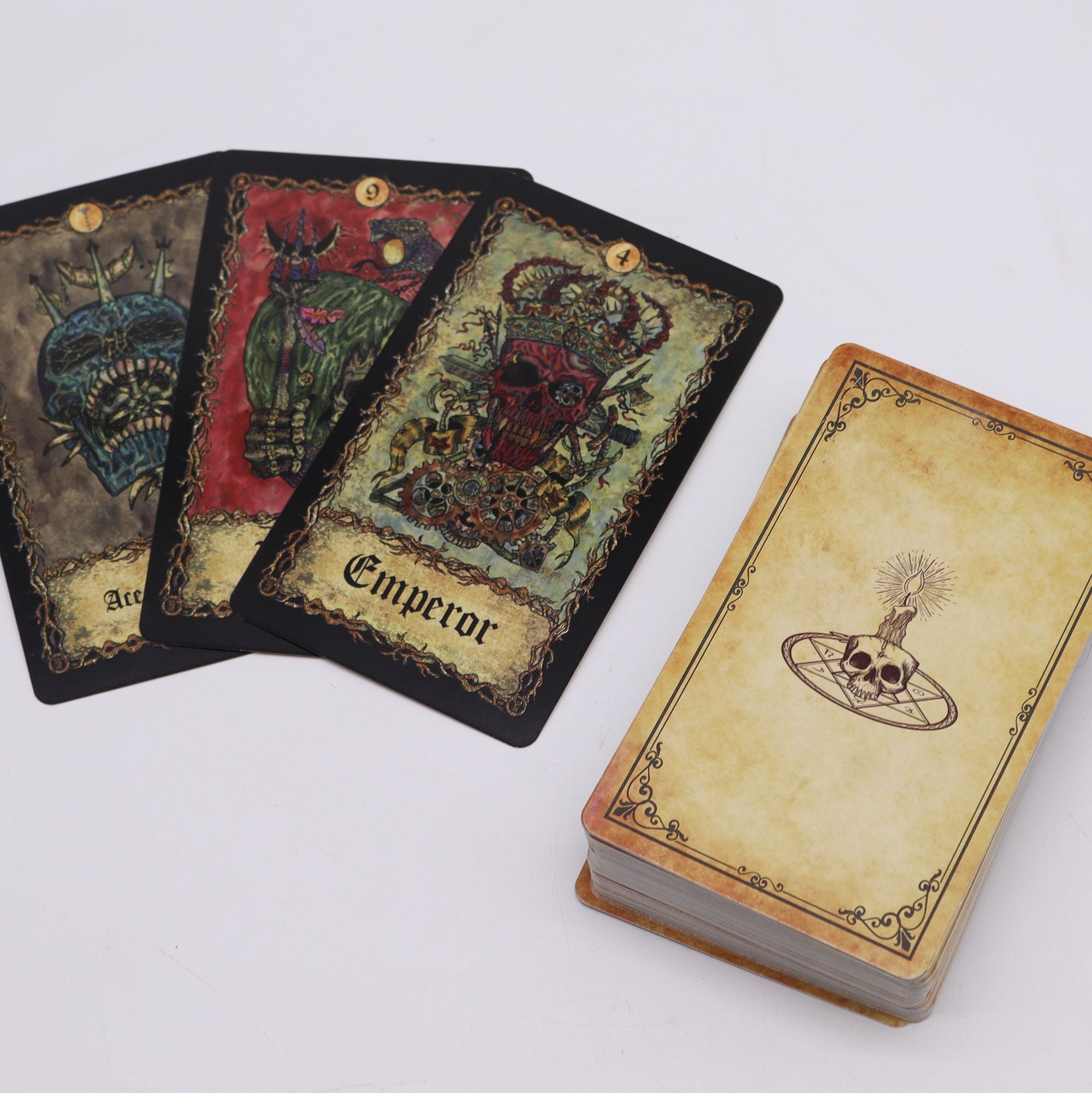Set of tarot cards with intricate designs on a white background