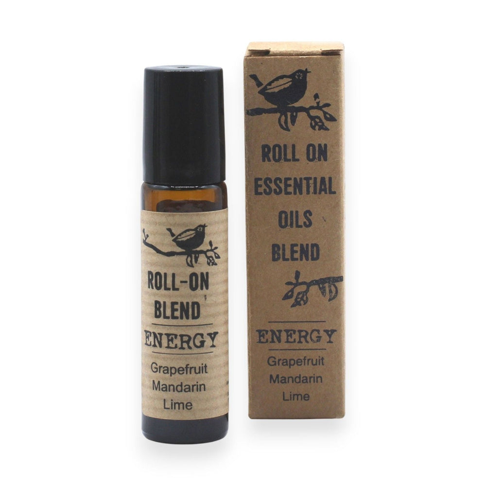 Roll-on essential oils blend with packaging on a white background