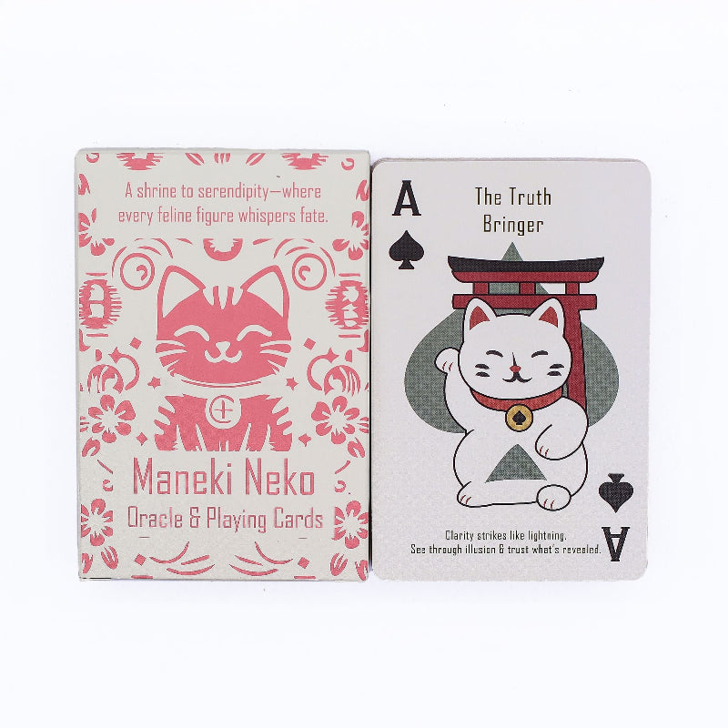 Maneki Neko Oracle & Playing Cards packaging with a card featuring a white cat illustration.