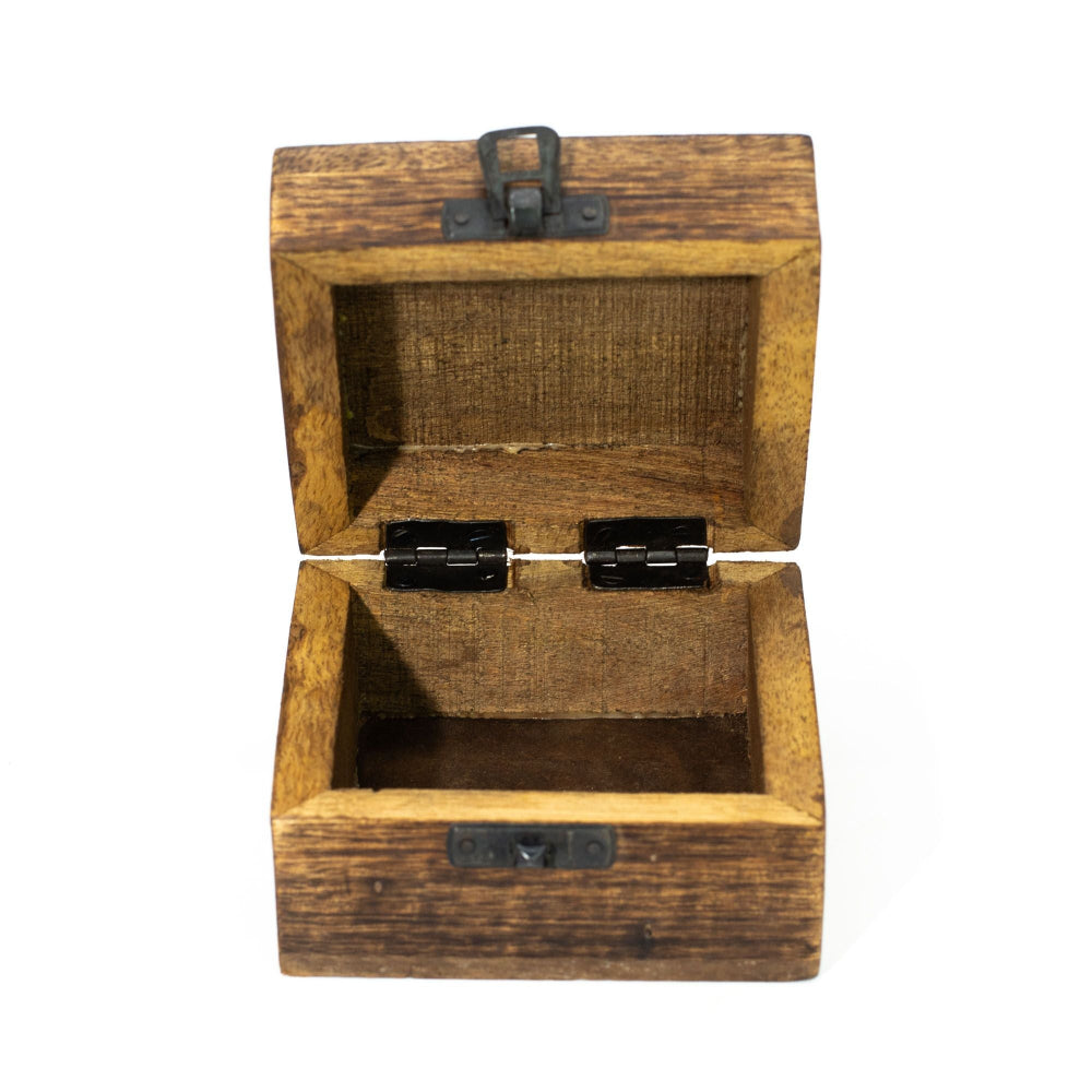 Wooden jewelry box with a latch on a white background
