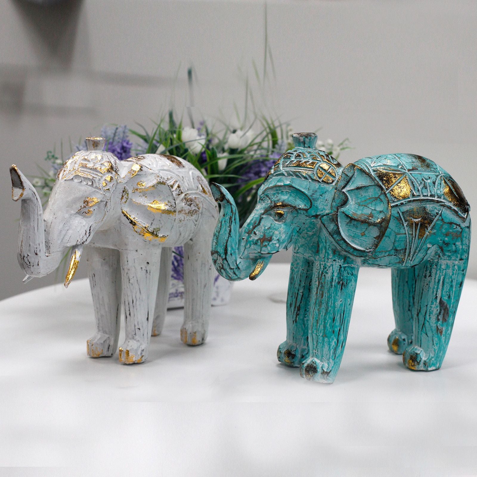 White Gold Wood Carved Elephant