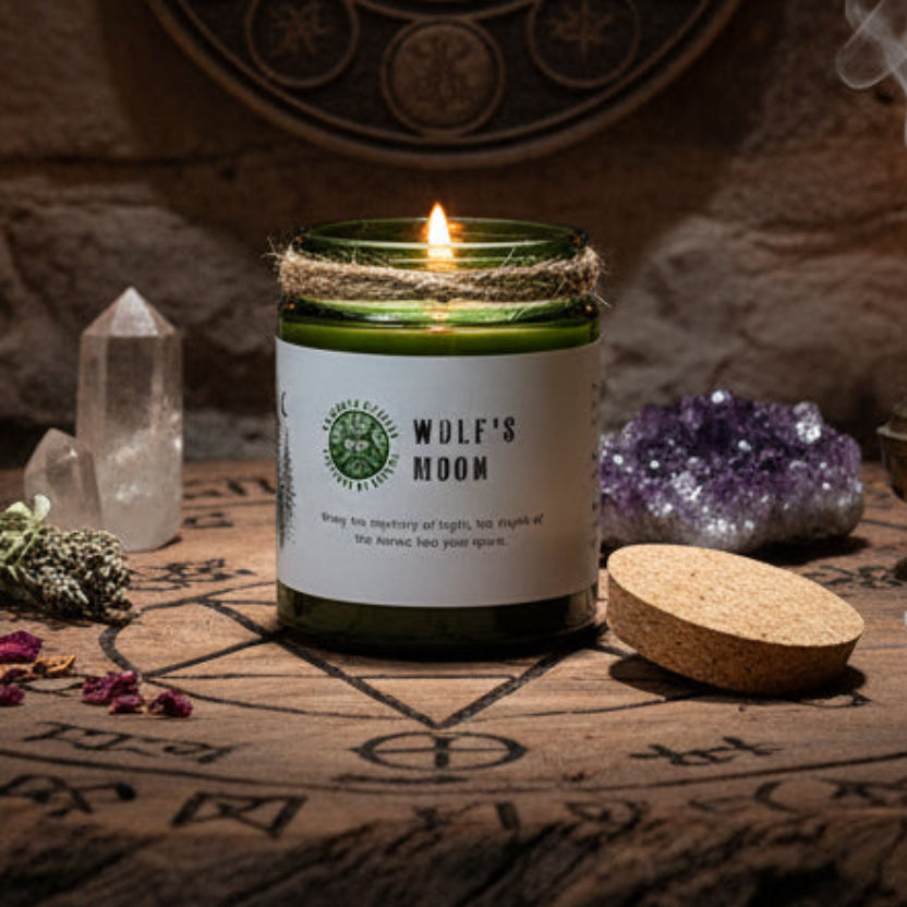 Green candle labeled 'Wolf's Moon' on a wooden surface with a branded box in the background.