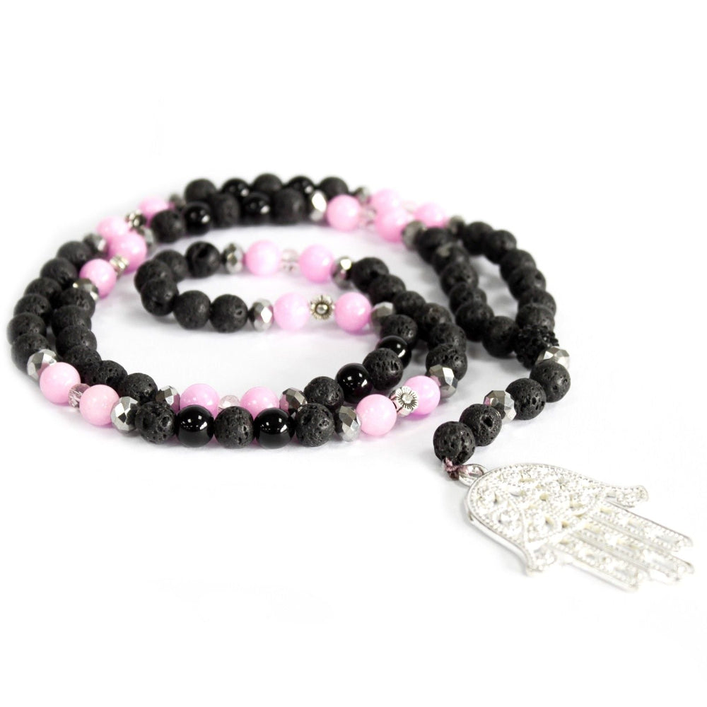 Hamsa Pink & Black Gemstone Necklace