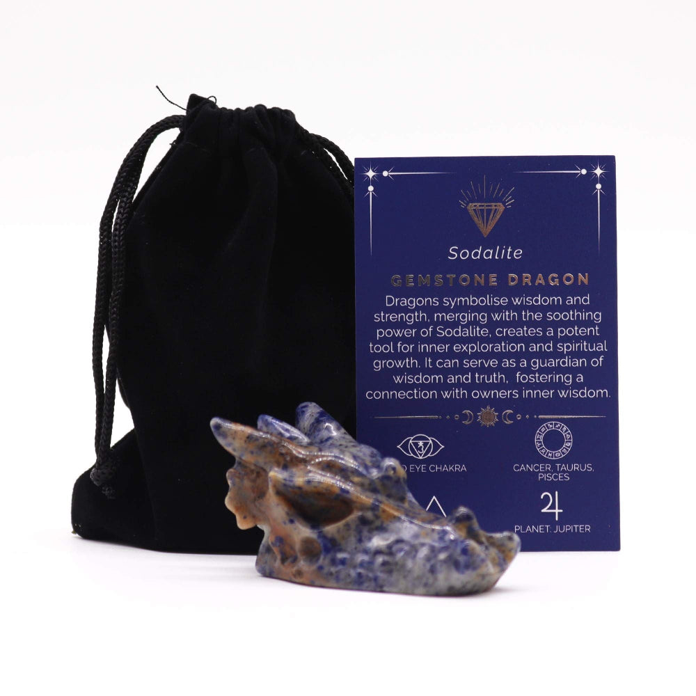 Sodalite gemstone dragon with black drawstring bag and information card on a white background