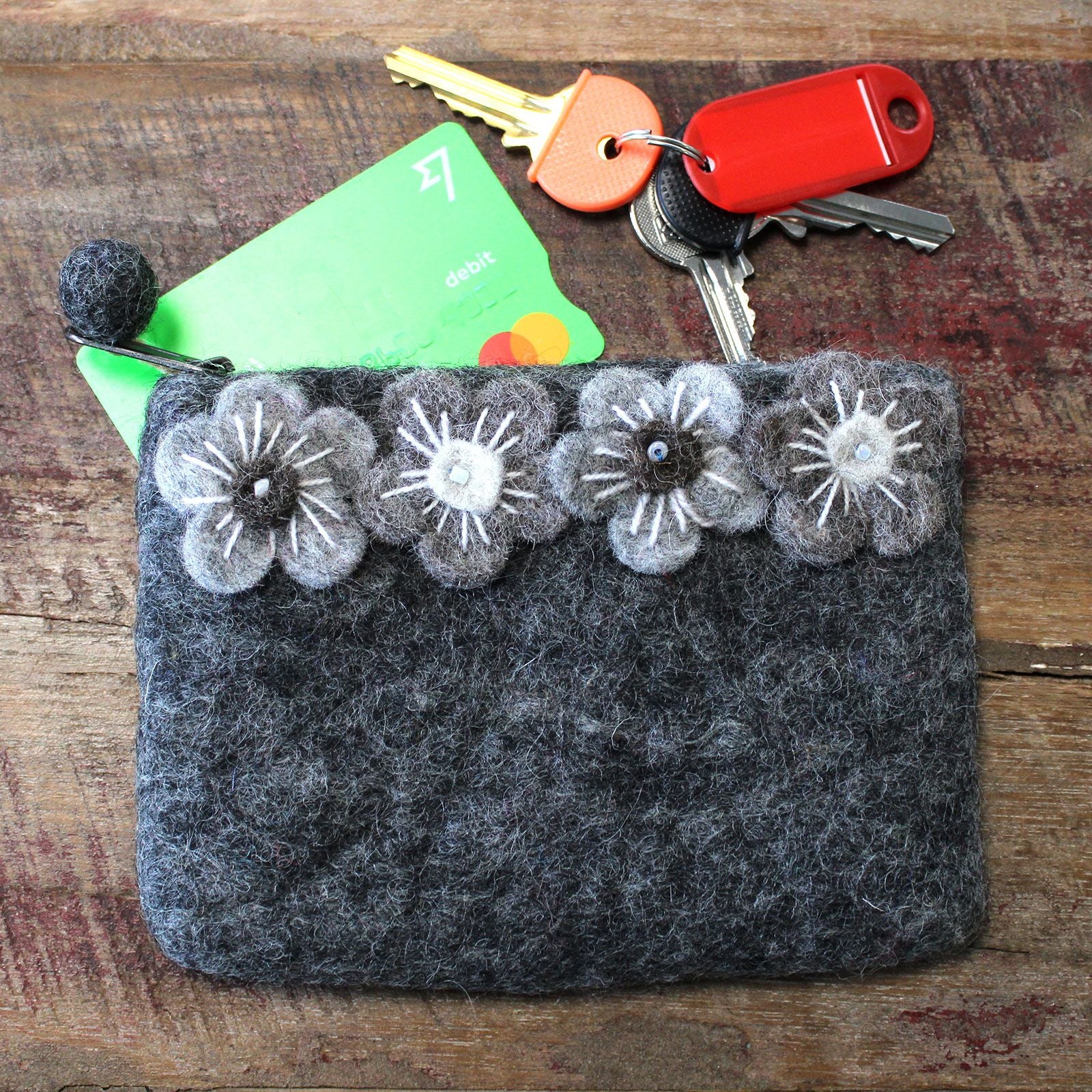 Four Flower Felt Zipper Pouch | Handmade Wool Pouch from Nepal