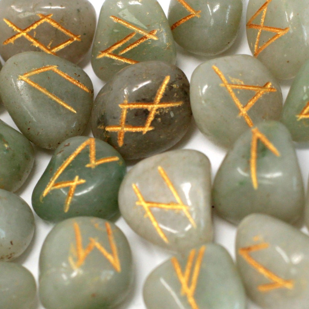 Green Aventurine Runes Stone Set in Pouch