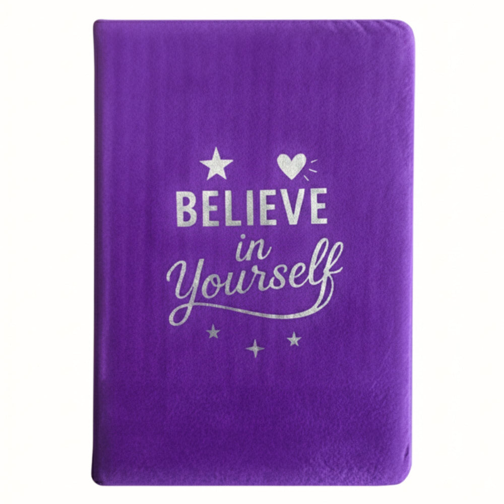 Purple blanket with 'Believe in Yourself' text on a white background