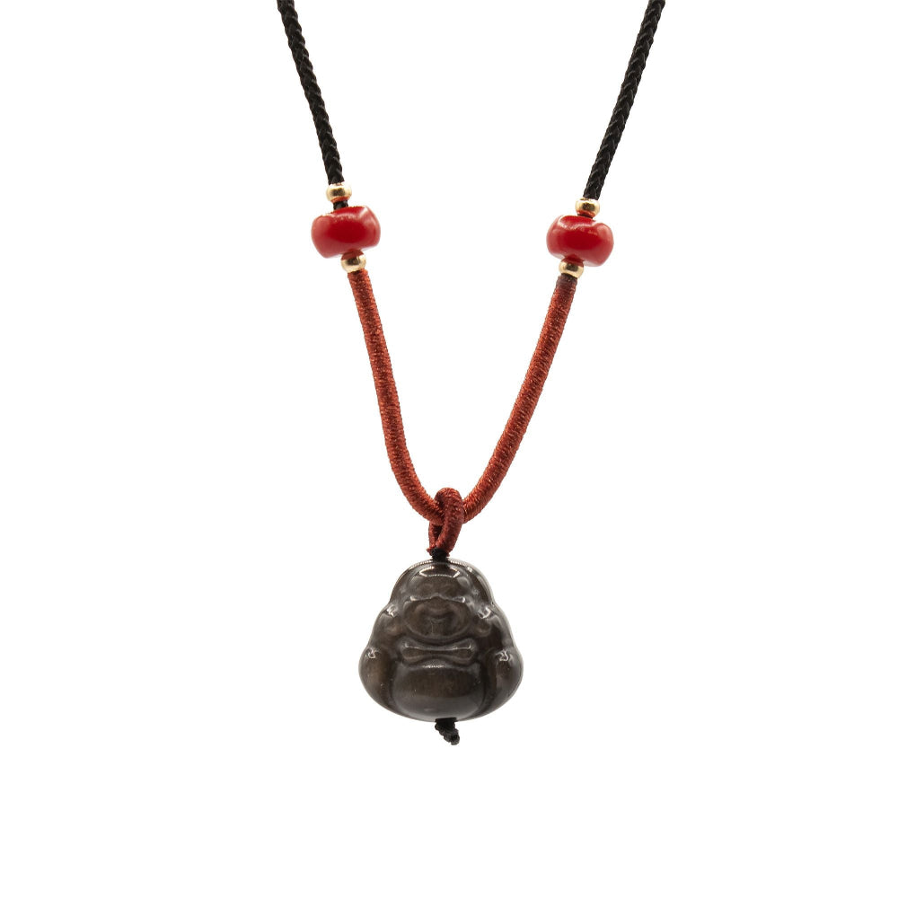 Necklace with a Buddha pendant and red beads on a white background