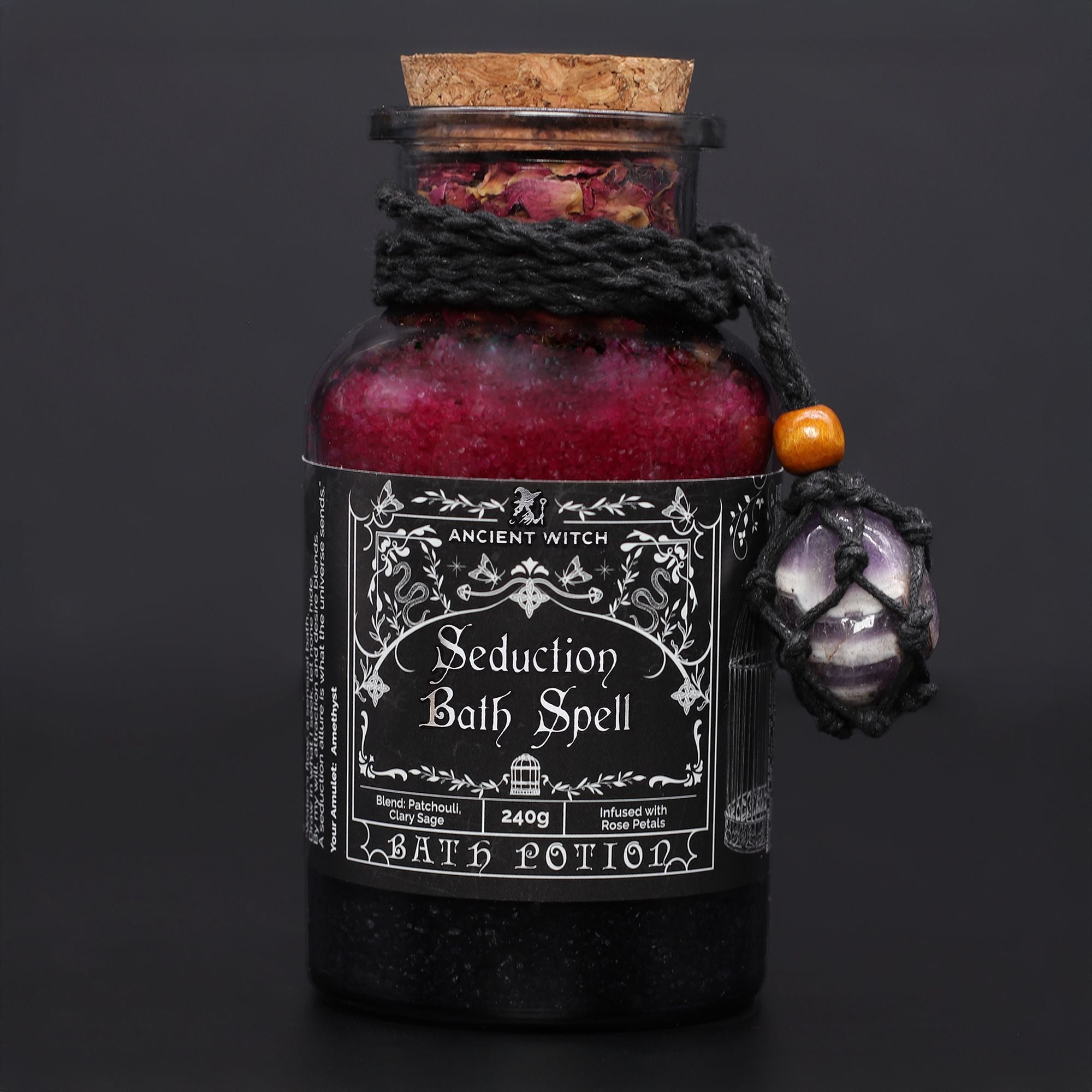 Seduction Ancient Witch Bath Spell Potion & Amethyst Crystal Amulet