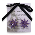 Purple flower earrings on a Nymph card with black ribbon