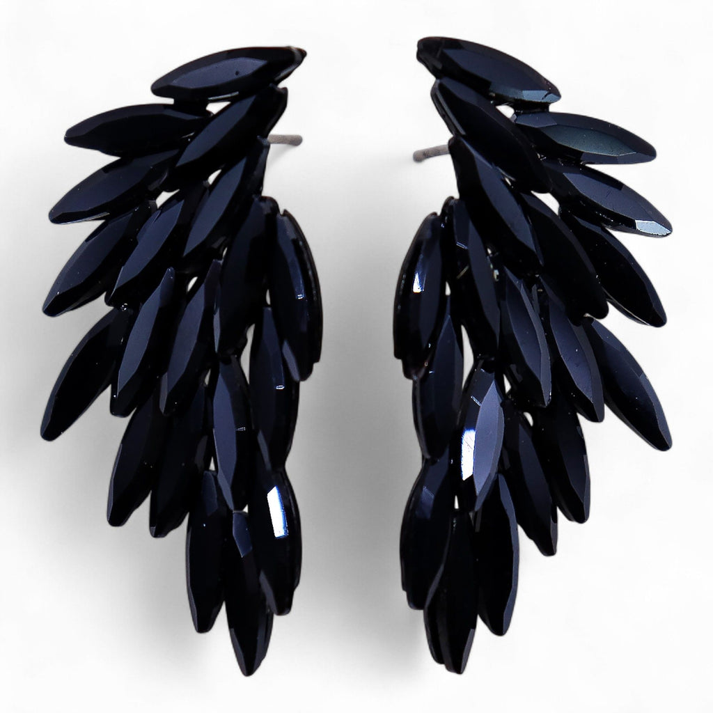Angel Wing Jet Black Vintage Glass Earrings