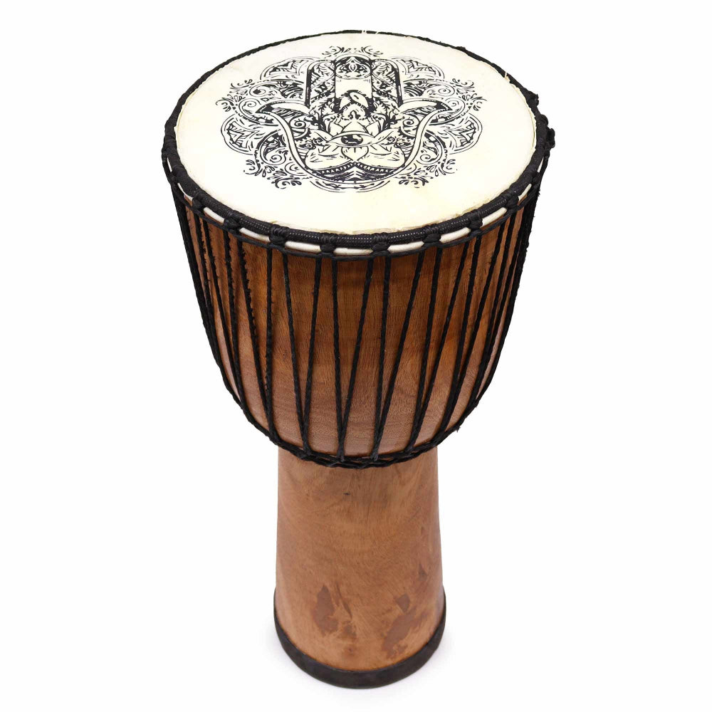 Wooden drum with a white head featuring black Hamsa design on a white background