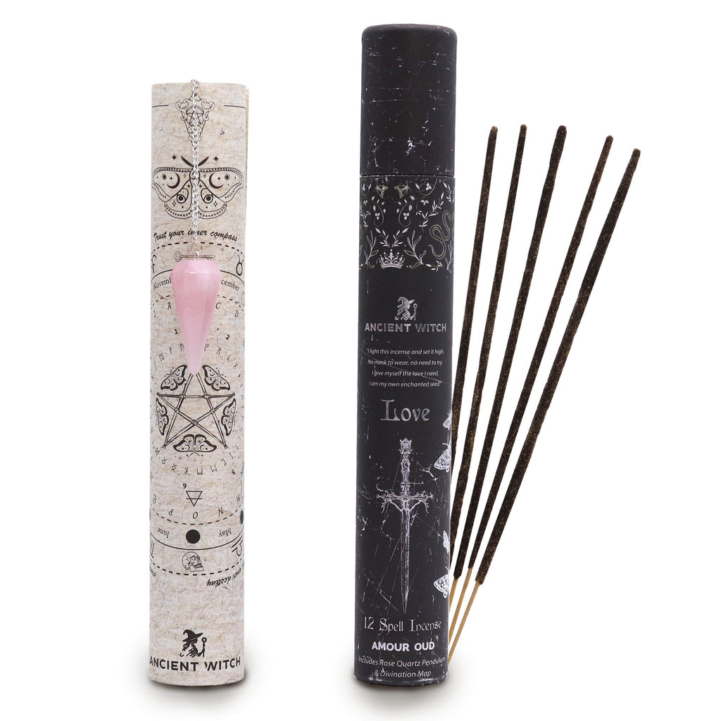 Incense sticks with packaging labeled 'Ancient Witch' on a white background