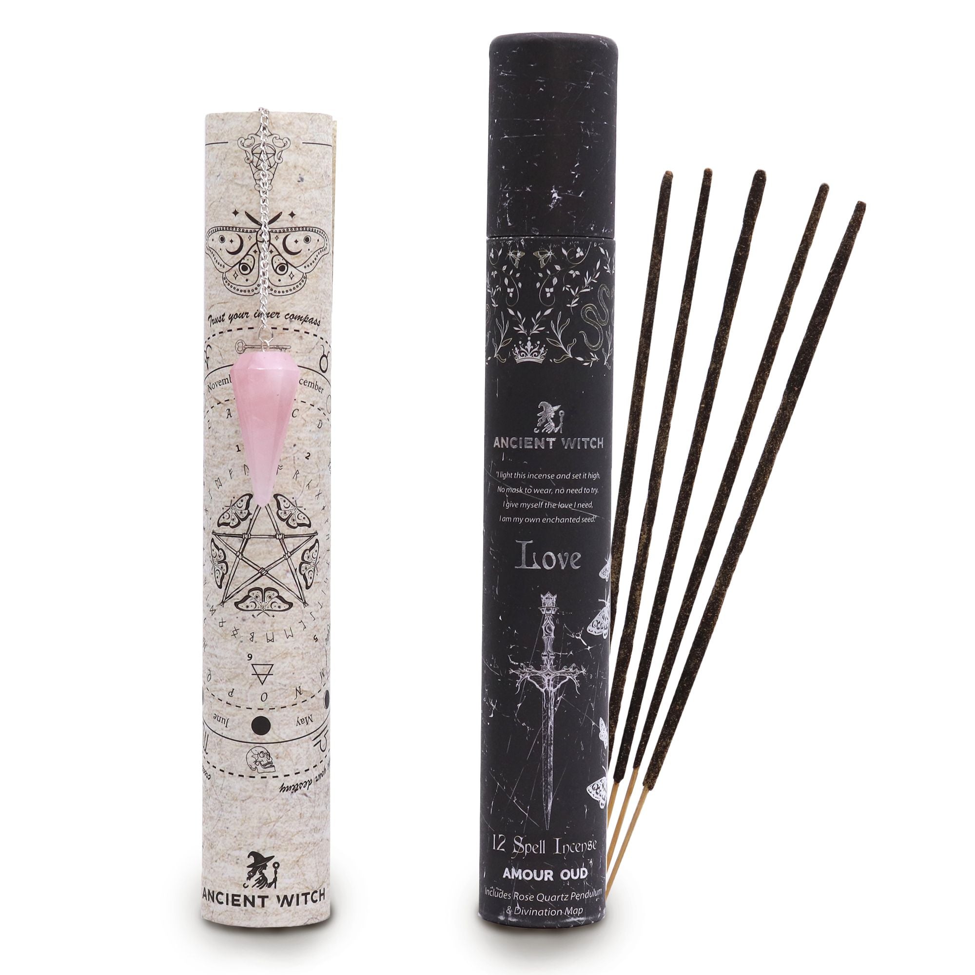 Incense sticks with packaging labeled 'Ancient Witch' on a white background