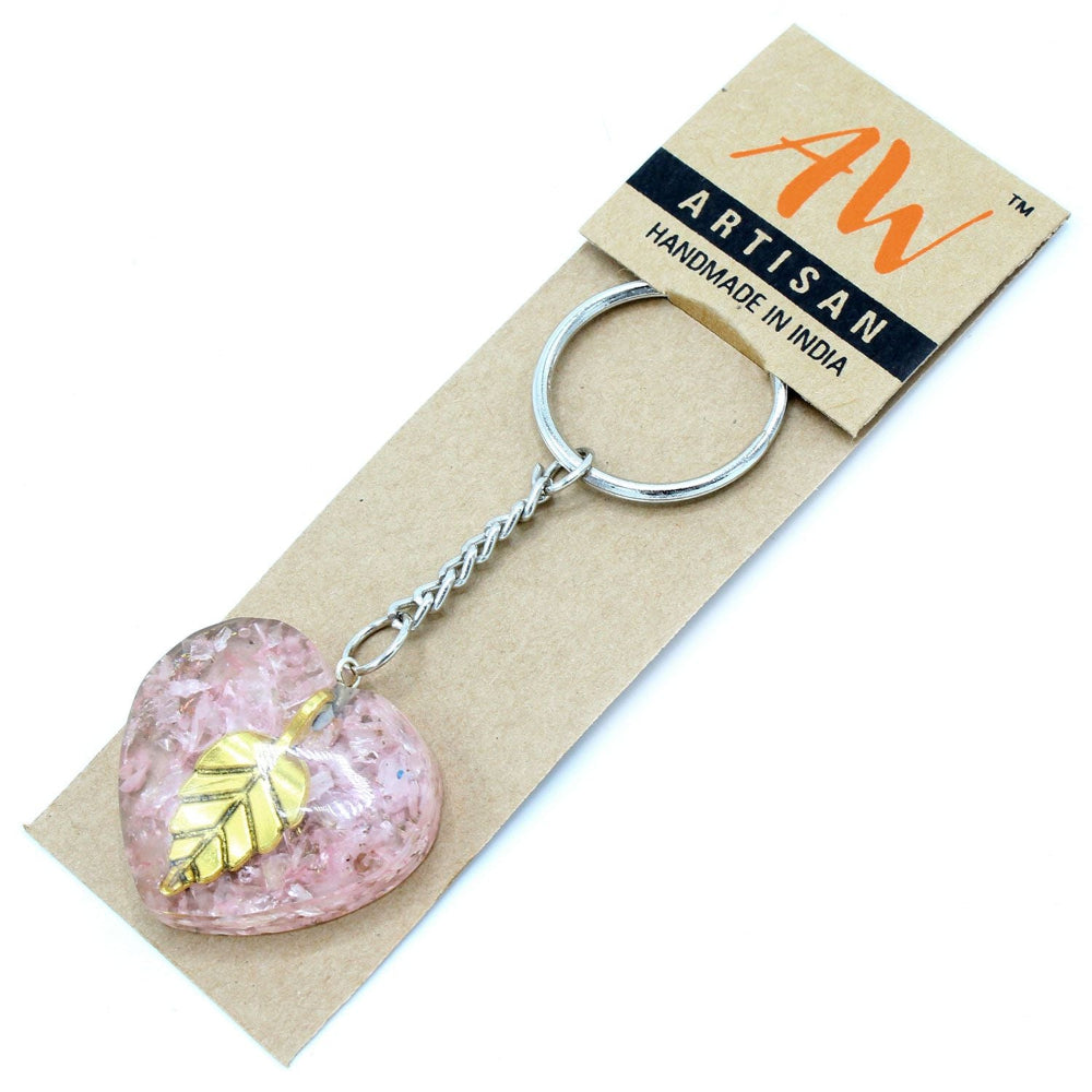 Rose Quartz Hearts Golden Leaf Orgonite Power Keyring